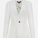 The Classic Linen Parker Blazer by RALPH LAUREN COLLECTION features a single-breasted off-white design with notch lapels, one dark button, slim fit tailoring, two front flap pockets, and a chest pocket on a plain white background.