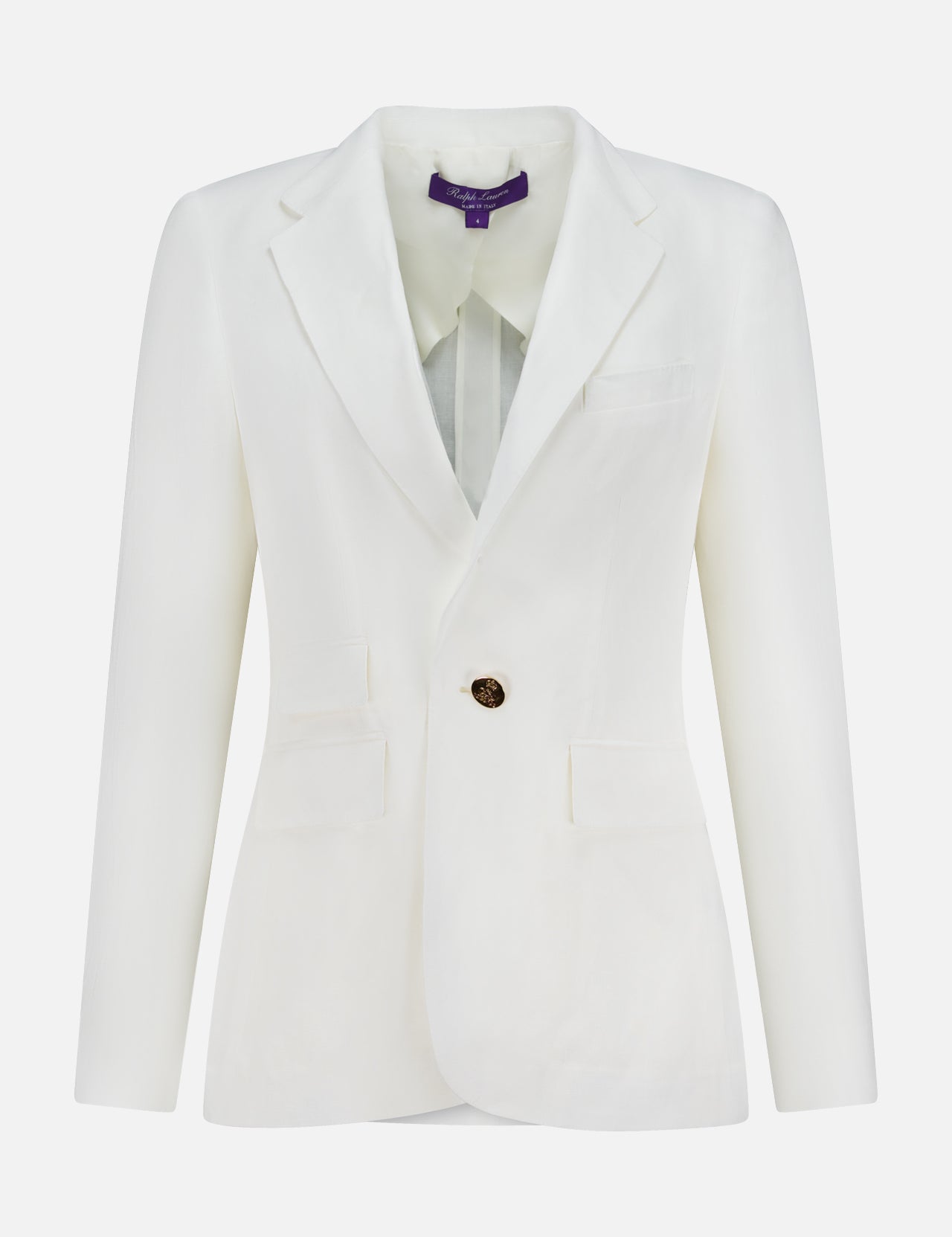 The Classic Linen Parker Blazer by RALPH LAUREN COLLECTION features a single-breasted off-white design with notch lapels, one dark button, slim fit tailoring, two front flap pockets, and a chest pocket on a plain white background.