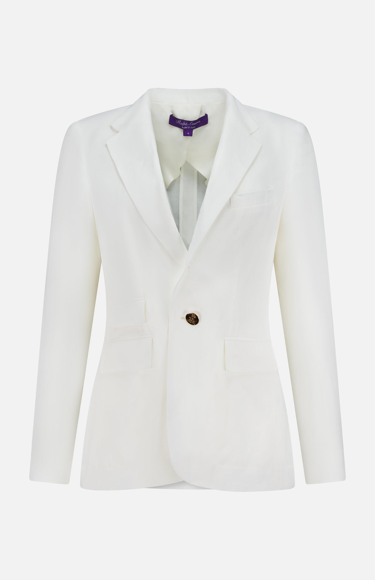 The Classic Linen Parker Blazer by RALPH LAUREN COLLECTION features a single-breasted off-white design with notch lapels, one dark button, slim fit tailoring, two front flap pockets, and a chest pocket on a plain white background.