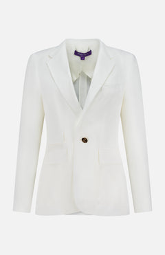 The Classic Linen Parker Blazer by RALPH LAUREN COLLECTION features a single-breasted off-white design with notch lapels, one dark button, slim fit tailoring, two front flap pockets, and a chest pocket on a plain white background.