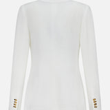 Back view of the Classic Linen Parker Blazer by RALPH LAUREN COLLECTION in slim fit off-white, featuring long sleeves and four gold buttons on each cuff, displayed against a plain white background.
