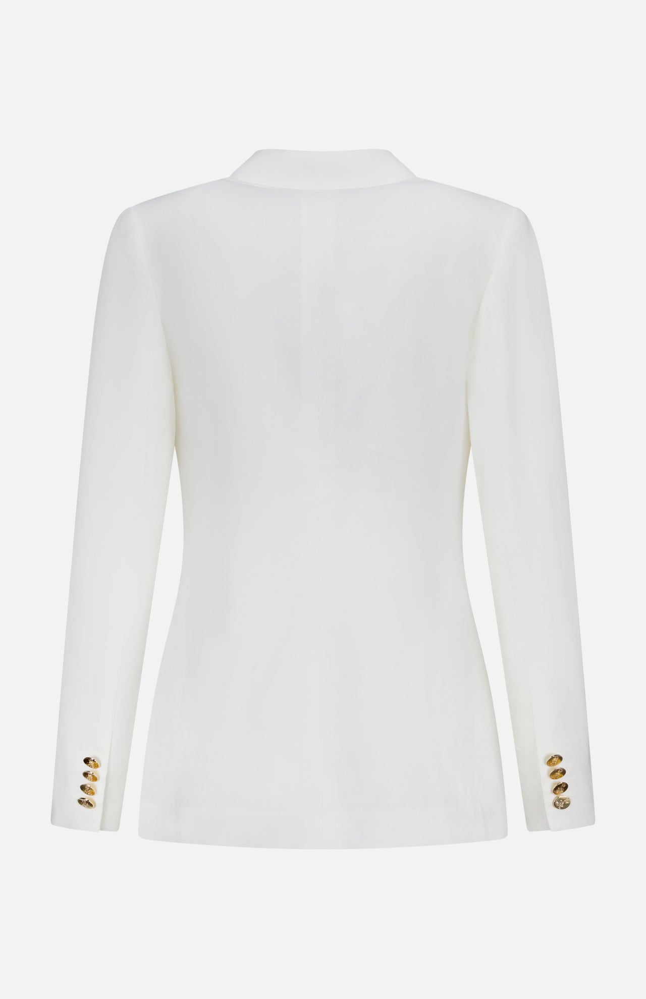 Back view of the Classic Linen Parker Blazer by RALPH LAUREN COLLECTION in slim fit off-white, featuring long sleeves and four gold buttons on each cuff, displayed against a plain white background.