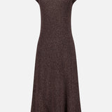 The Crewneck Cap Sleeve Column Dress from RALPH LAUREN COLLECTION is a dark brown, rib-knit dress featuring a fitted bodice and flared skirt. Made in Italy, it is displayed on a plain white background.