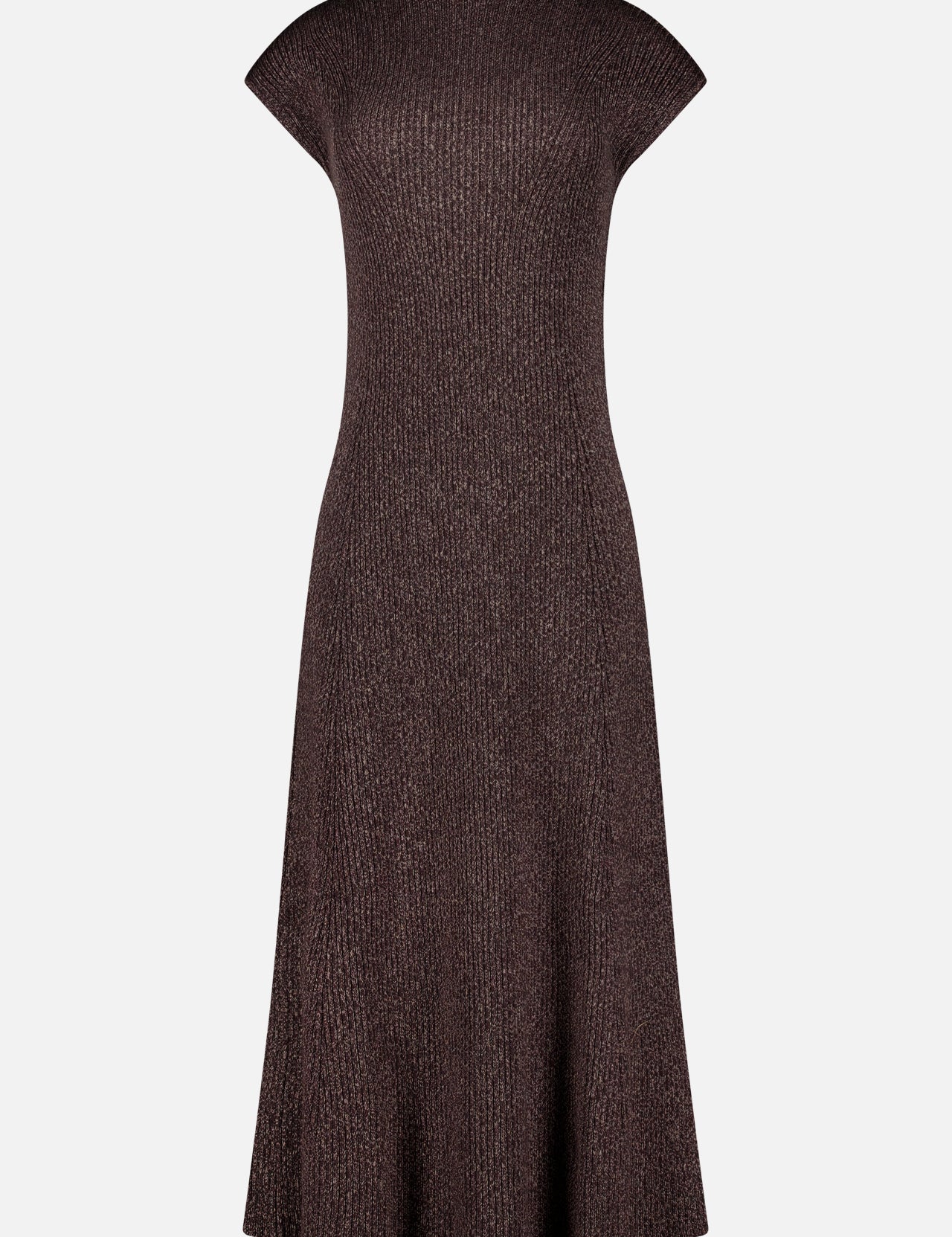 The Crewneck Cap Sleeve Column Dress from RALPH LAUREN COLLECTION is a dark brown, rib-knit dress featuring a fitted bodice and flared skirt. Made in Italy, it is displayed on a plain white background.
