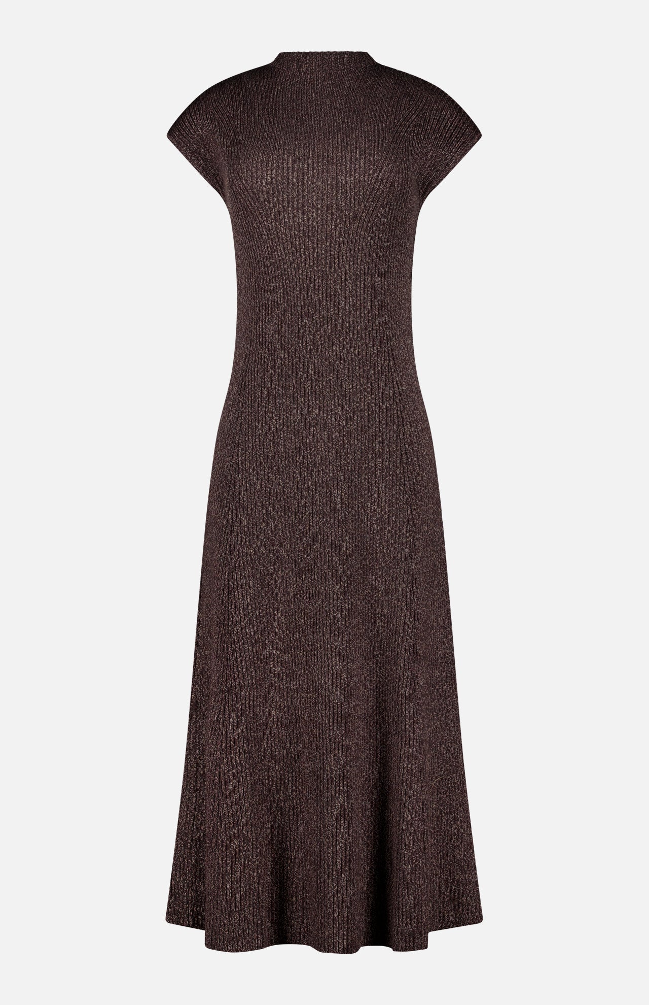 The Crewneck Cap Sleeve Column Dress from RALPH LAUREN COLLECTION is a dark brown, rib-knit dress featuring a fitted bodice and flared skirt. Made in Italy, it is displayed on a plain white background.
