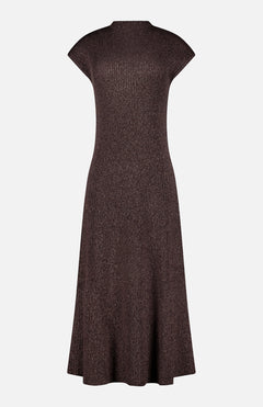 The Crewneck Cap Sleeve Column Dress from RALPH LAUREN COLLECTION is a dark brown, rib-knit dress featuring a fitted bodice and flared skirt. Made in Italy, it is displayed on a plain white background.