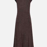 The RALPH LAUREN COLLECTION Crewneck Cap Sleeve Column Dress is an expertly crafted rib-knit brown midi dress featuring cap sleeves, a high neckline, and a subtle flare at the hem. Made in Italy, this elegant dress is displayed on a white background showcasing its back view.