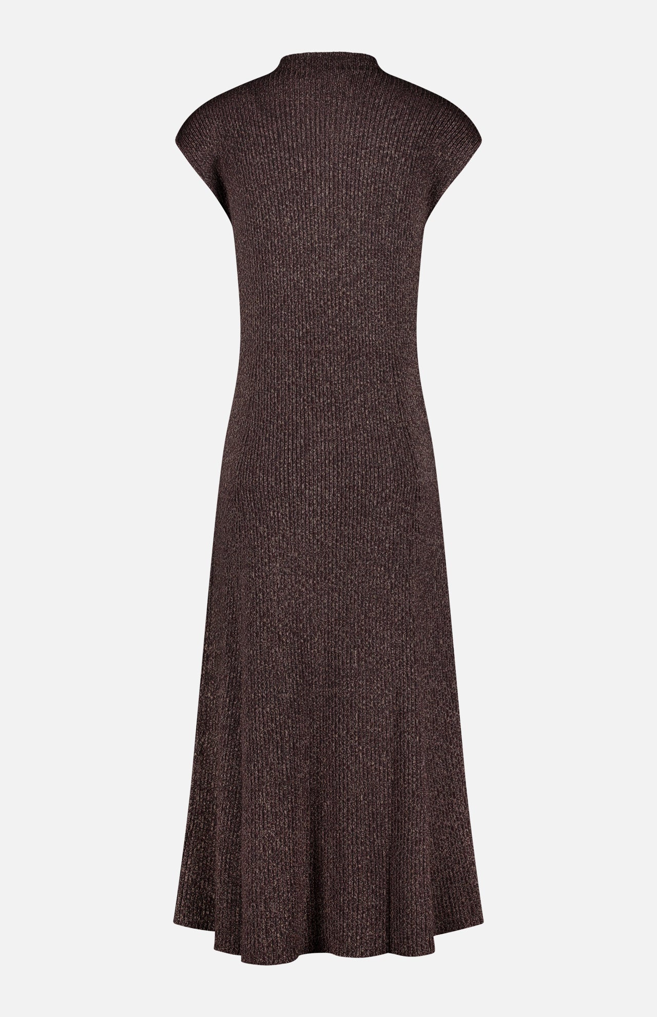The RALPH LAUREN COLLECTION Crewneck Cap Sleeve Column Dress is an expertly crafted rib-knit brown midi dress featuring cap sleeves, a high neckline, and a subtle flare at the hem. Made in Italy, this elegant dress is displayed on a white background showcasing its back view.