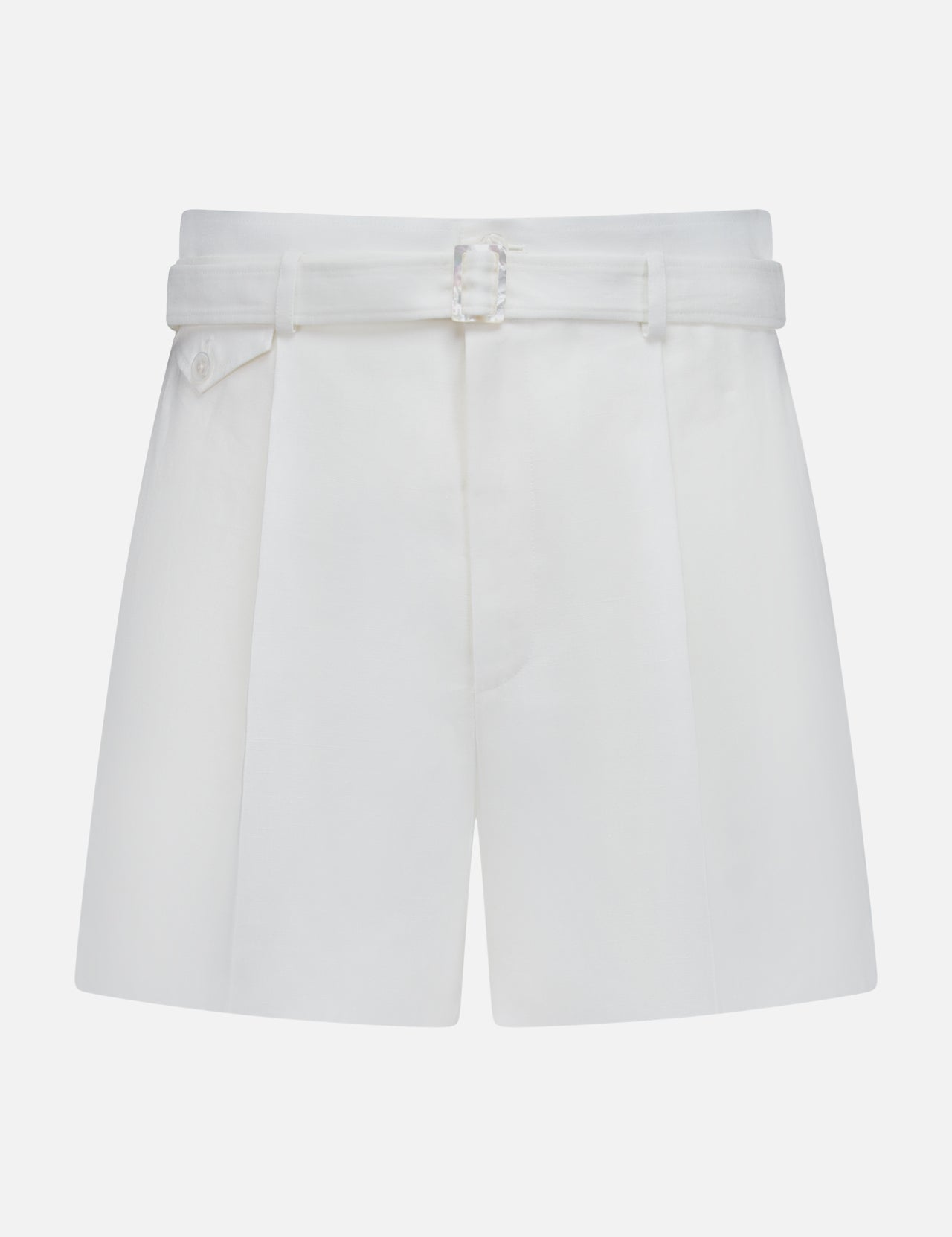 The Denise Classic Linen Shorts by RALPH LAUREN COLLECTION are high-waisted cream shorts with a matching belt and front pleats, ideal for summer suiting and shown against a plain white background.