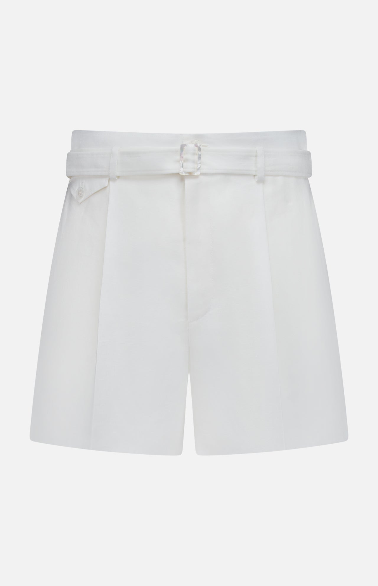 The Denise Classic Linen Shorts by RALPH LAUREN COLLECTION are high-waisted cream shorts with a matching belt and front pleats, ideal for summer suiting and shown against a plain white background.