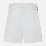 Back view of Denise Classic Linen Shorts from RALPH LAUREN COLLECTION, featuring belt loops and a clean design—ideal for summer suiting—shown against a plain white background.