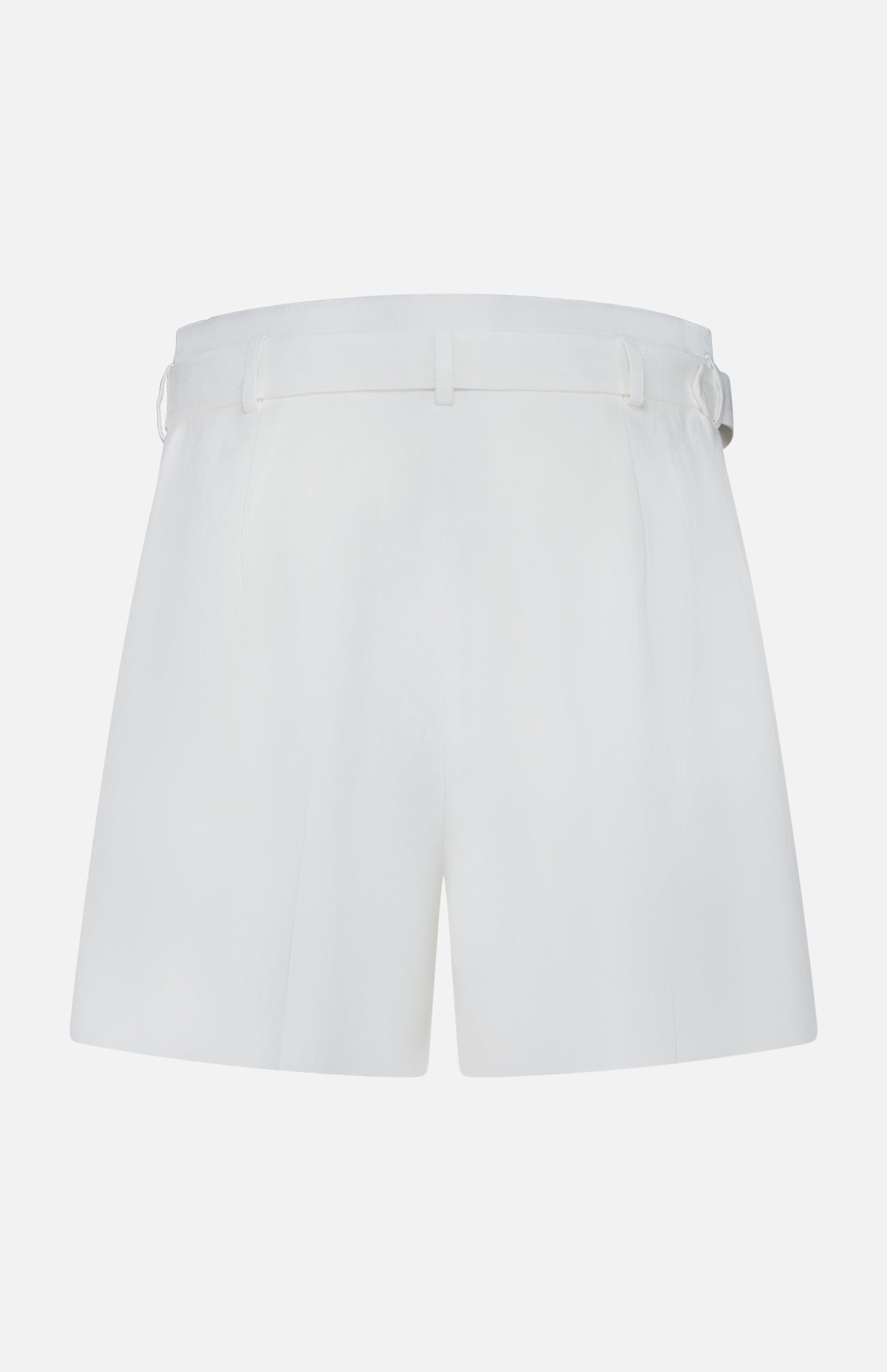 Back view of Denise Classic Linen Shorts from RALPH LAUREN COLLECTION, featuring belt loops and a clean design—ideal for summer suiting—shown against a plain white background.