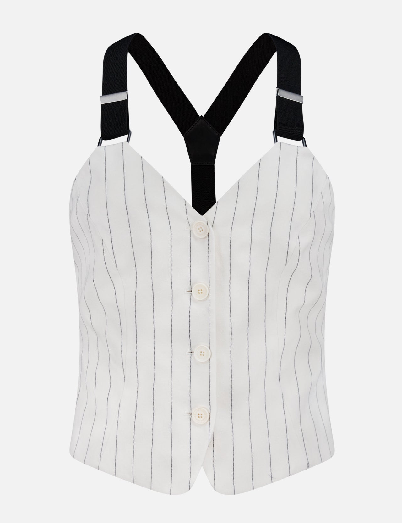 The Donella Sleeveless Blouse by RALPH LAUREN COLLECTION features vertical black pinstripes, front button closure, and wide adjustable black straps—an off-white top inspired by classic tailoring, shown against a plain white background.