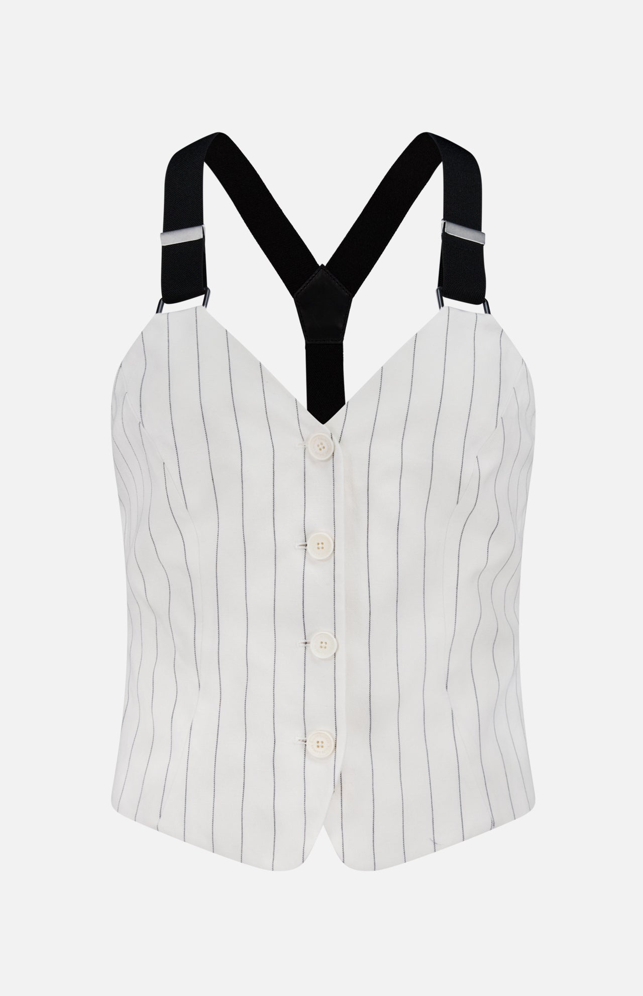 The Donella Sleeveless Blouse by RALPH LAUREN COLLECTION features vertical black pinstripes, front button closure, and wide adjustable black straps—an off-white top inspired by classic tailoring, shown against a plain white background.