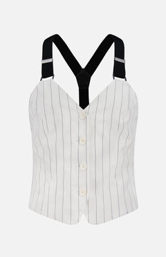 The Donella Sleeveless Blouse by RALPH LAUREN COLLECTION features vertical black pinstripes, front button closure, and wide adjustable black straps—an off-white top inspired by classic tailoring, shown against a plain white background.