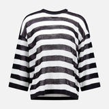 The Easy Long Sleeve Silk Linen Sweater by RALPH LAUREN COLLECTION features black and white stripes, a loose fit, round neckline, and slightly cropped length. Made in Italy, it's shown on a plain white background.