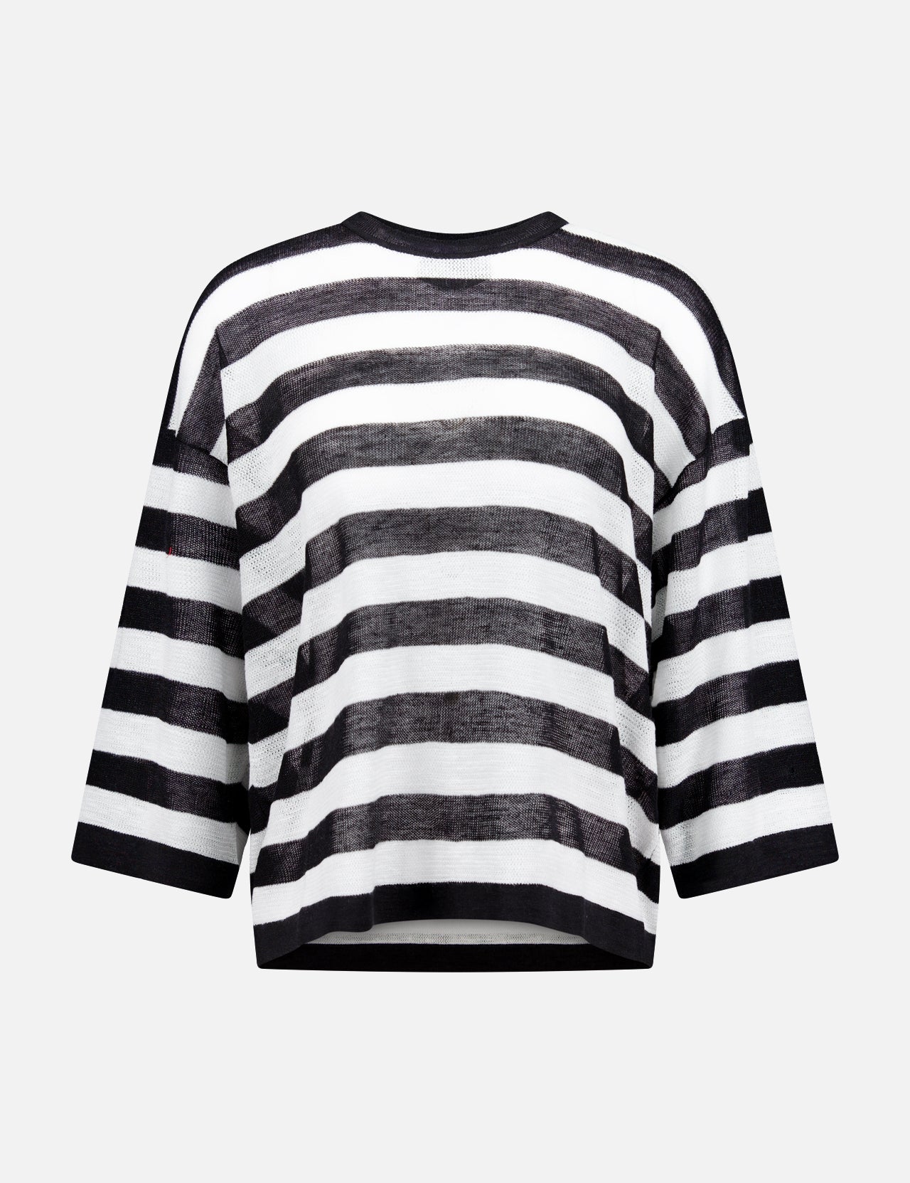 The Easy Long Sleeve Silk Linen Sweater by RALPH LAUREN COLLECTION features black and white stripes, a loose fit, round neckline, and slightly cropped length. Made in Italy, it's shown on a plain white background.