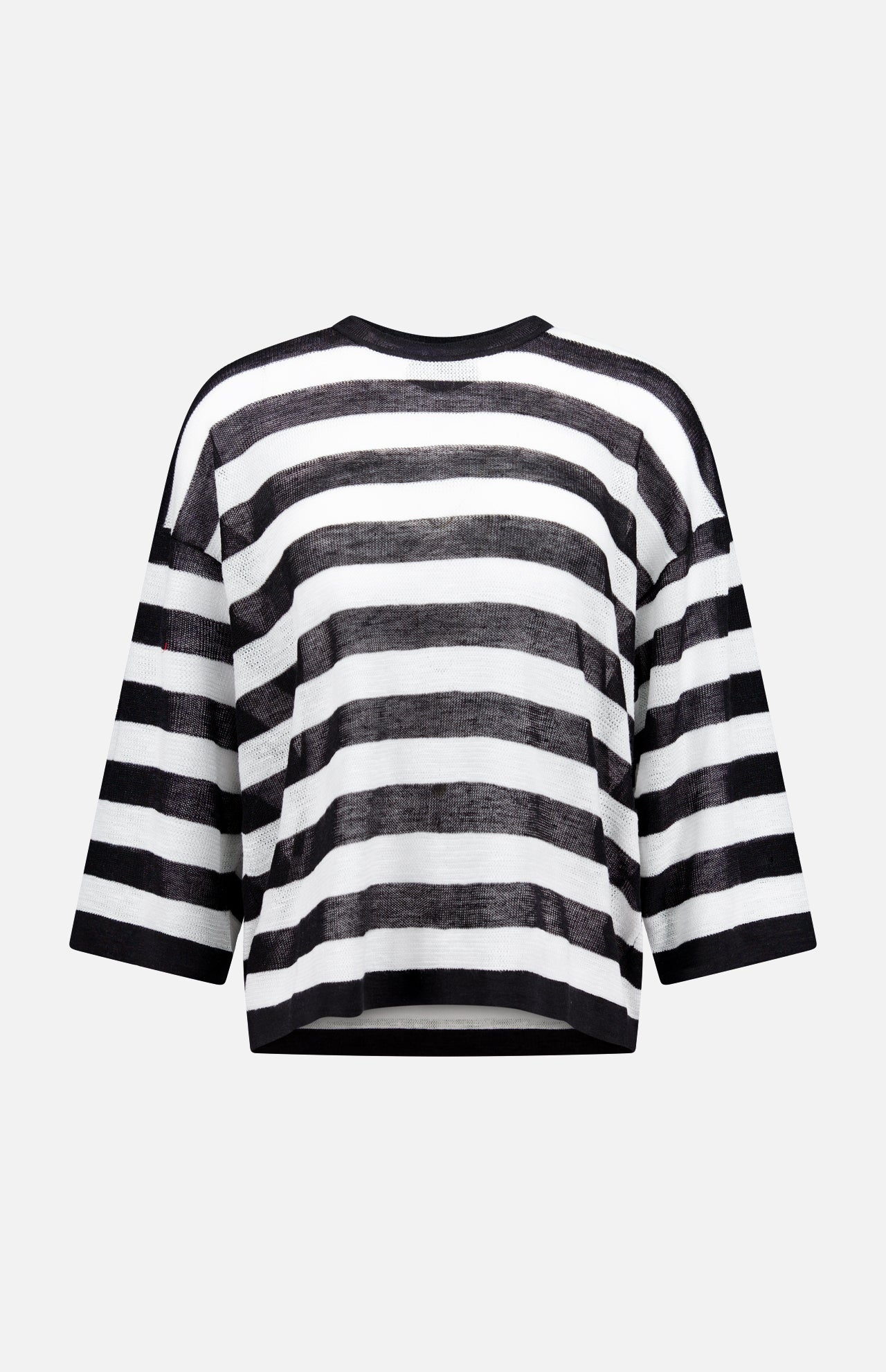 The Easy Long Sleeve Silk Linen Sweater by RALPH LAUREN COLLECTION features black and white stripes, a loose fit, round neckline, and slightly cropped length. Made in Italy, it's shown on a plain white background.