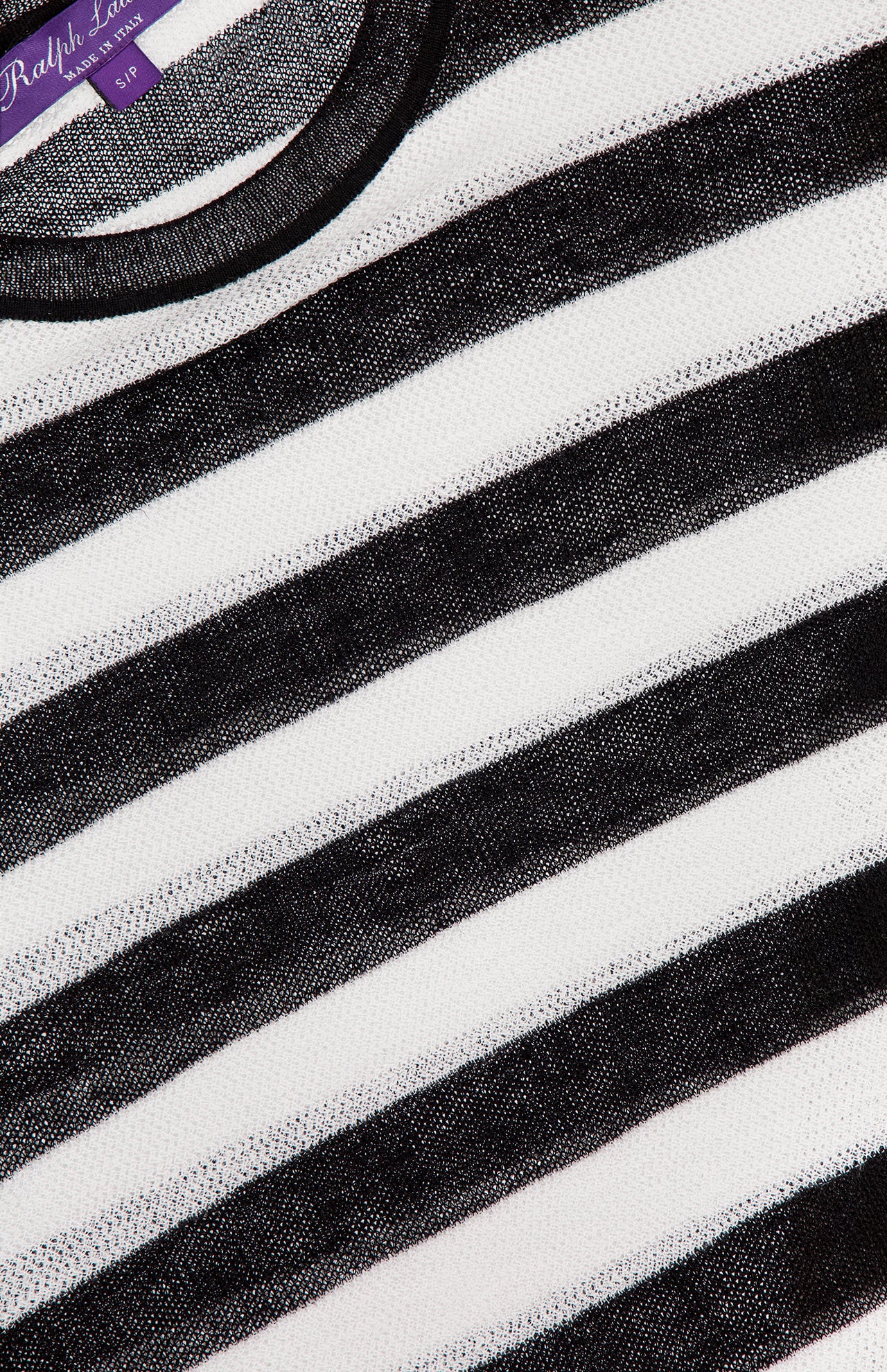 Close-up of the Easy Long Sleeve Silk Linen Sweater by RALPH LAUREN COLLECTION, showcasing black and white horizontal stripes, a visible neckline, a purple Ralph Lauren label, and crafted from a luxurious silk-linen blend.