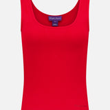 The Ellis Cotton Knit Rib Tank Top by RALPH LAUREN COLLECTION is a sleeveless, scoop-neck, bright red fitted tank in soft cotton-blend jersey, shown on a plain white background.