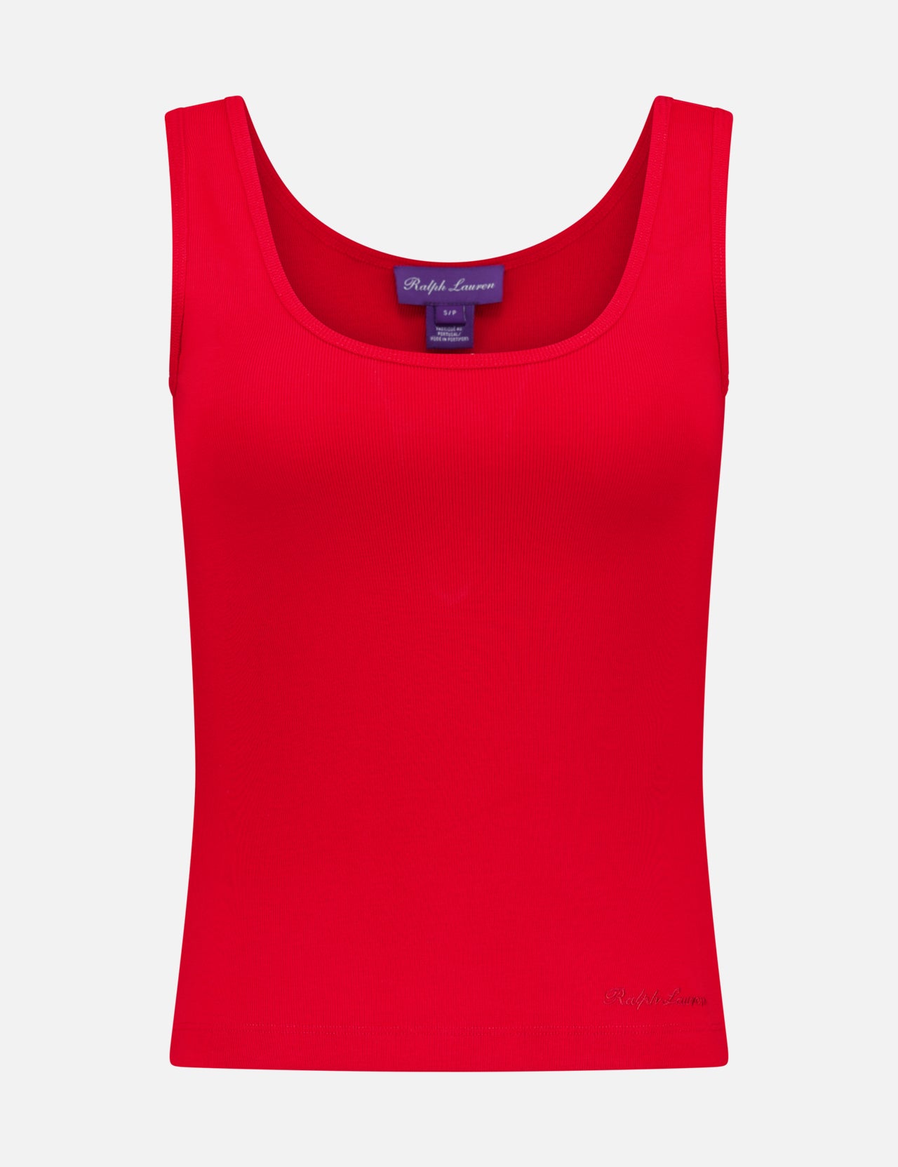 The Ellis Cotton Knit Rib Tank Top by RALPH LAUREN COLLECTION is a sleeveless, scoop-neck, bright red fitted tank in soft cotton-blend jersey, shown on a plain white background.