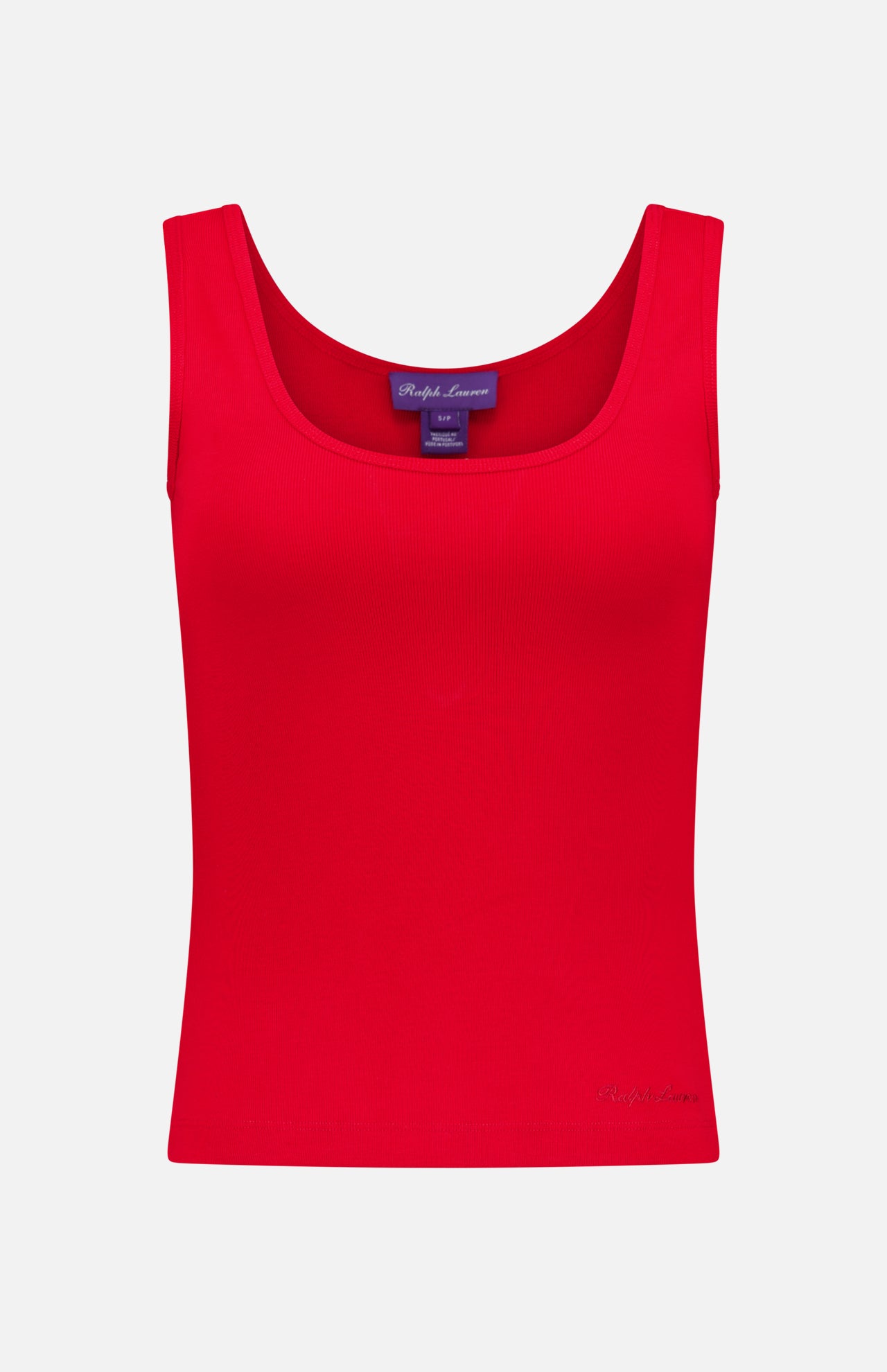 The Ellis Cotton Knit Rib Tank Top by RALPH LAUREN COLLECTION is a sleeveless, scoop-neck, bright red fitted tank in soft cotton-blend jersey, shown on a plain white background.
