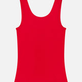 The Ellis Cotton Knit Rib Tank Top by RALPH LAUREN COLLECTION is a sleeveless, bright red rib-knit top crafted from soft cotton-blend jersey, shown laid flat on a white background.