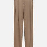 Introducing the Fine Wool Standard Pants by RALPH LAUREN COLLECTION: expertly tailored brown trousers made from premium stretch-wool, designed with a relaxed fit, pleated front, and straight leg silhouette. These pants feature a waistband with belt loops, button closure, and front zip fastening, presented against a plain white background.