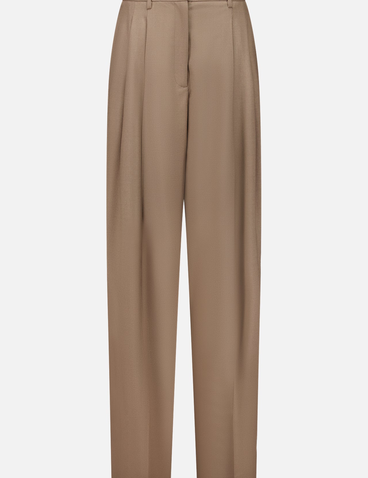 Introducing the Fine Wool Standard Pants by RALPH LAUREN COLLECTION: expertly tailored brown trousers made from premium stretch-wool, designed with a relaxed fit, pleated front, and straight leg silhouette. These pants feature a waistband with belt loops, button closure, and front zip fastening, presented against a plain white background.