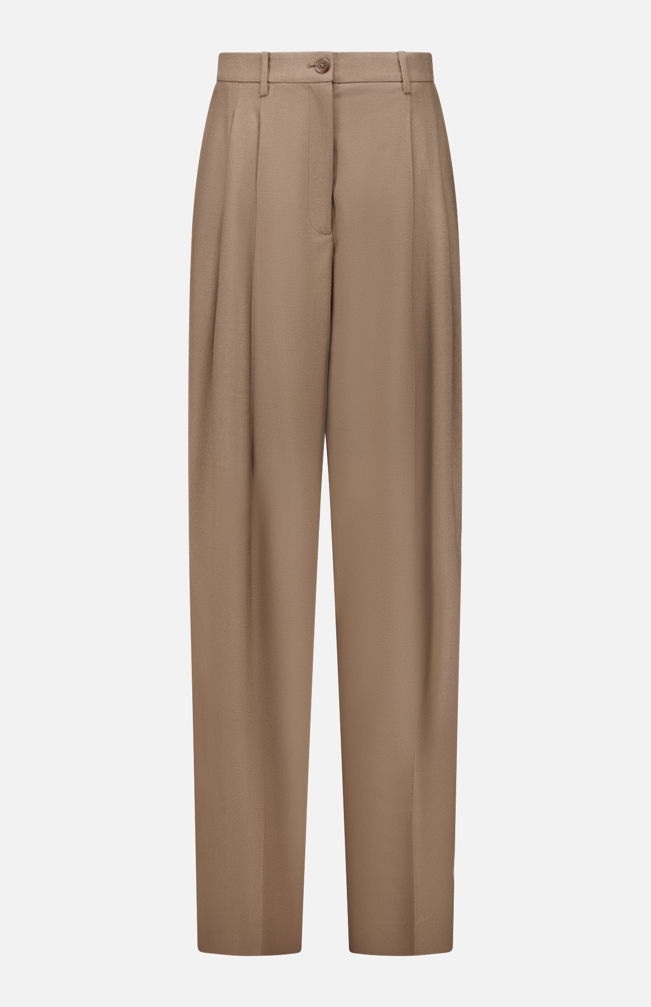 Introducing the Fine Wool Standard Pants by RALPH LAUREN COLLECTION: expertly tailored brown trousers made from premium stretch-wool, designed with a relaxed fit, pleated front, and straight leg silhouette. These pants feature a waistband with belt loops, button closure, and front zip fastening, presented against a plain white background.