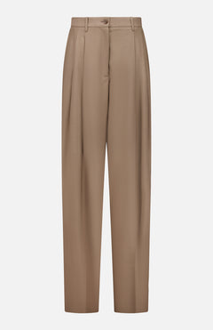 Introducing the Fine Wool Standard Pants by RALPH LAUREN COLLECTION: expertly tailored brown trousers made from premium stretch-wool, designed with a relaxed fit, pleated front, and straight leg silhouette. These pants feature a waistband with belt loops, button closure, and front zip fastening, presented against a plain white background.