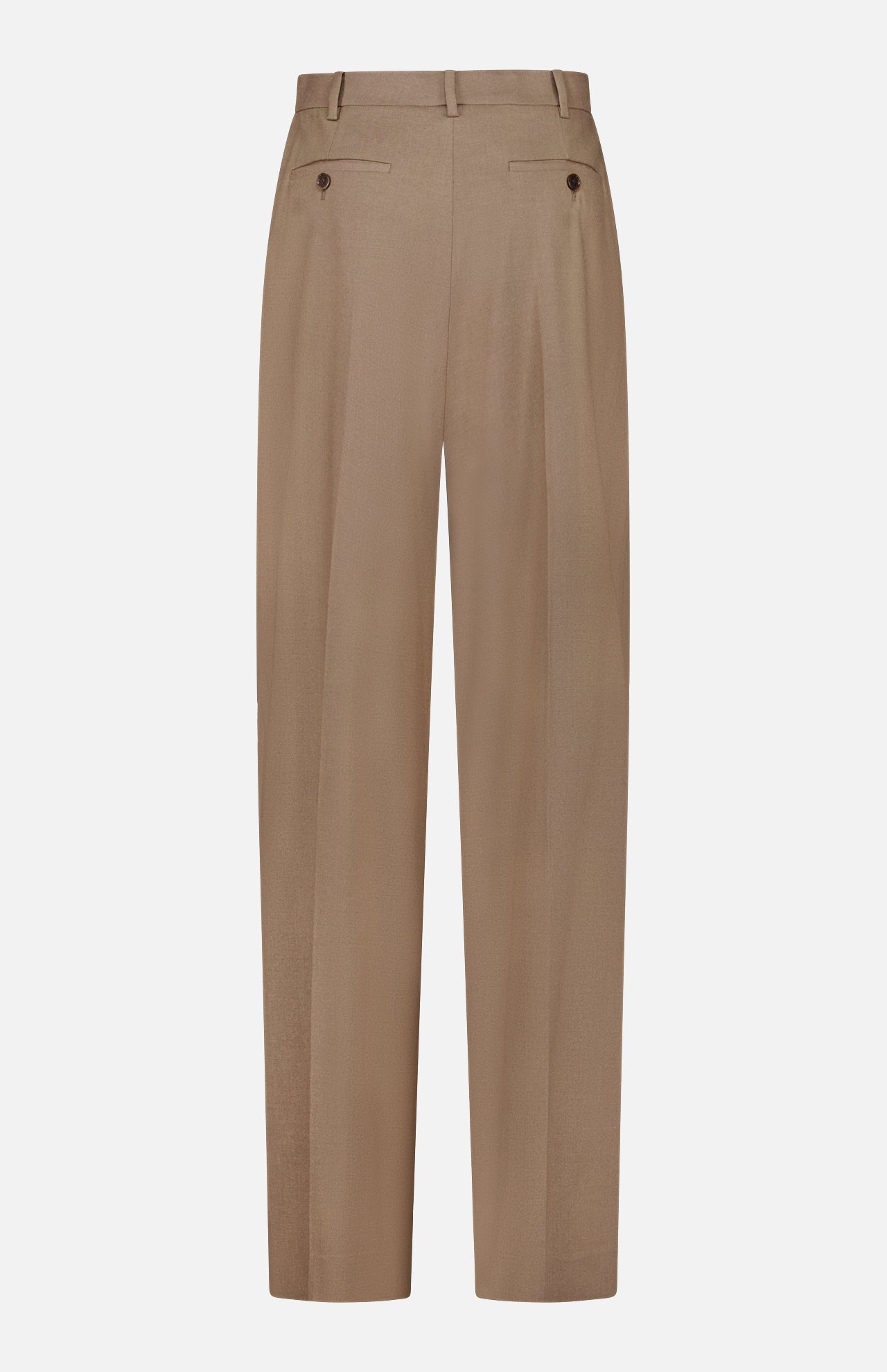The Fine Wool Standard Pants from RALPH LAUREN COLLECTION are tan dress pants shown against a white background, tailored from stretch-wool fabric with a straight-leg silhouette. They feature belt loops, front pleats, and two back buttoned pockets for a relaxed fit.