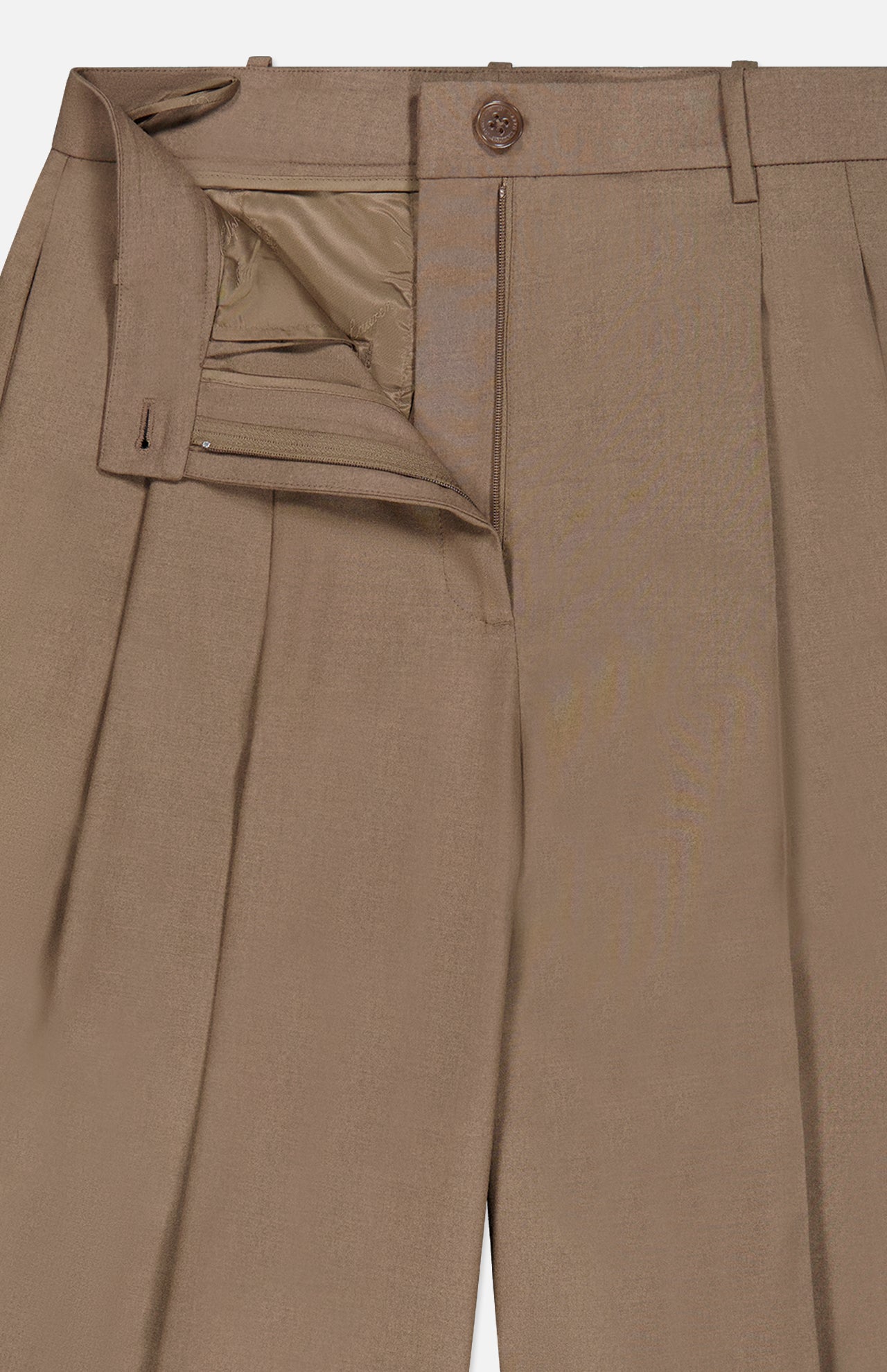 The image features the upper section of the Fine Wool Standard Pants by RALPH LAUREN COLLECTION—relaxed fit brown trousers crafted from stretch wool, shown with the zipper and button undone to reveal a glimpse of the inner lining and waistband.