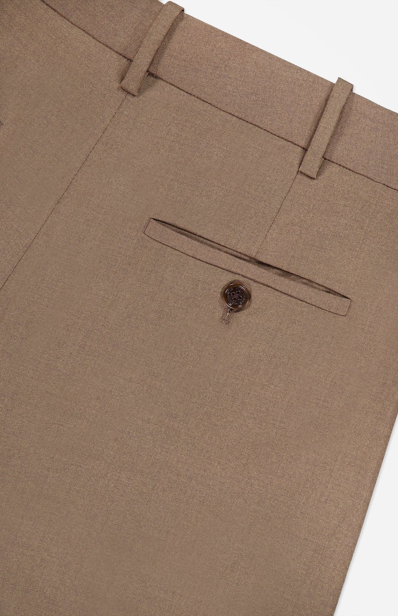 Close-up of the RALPH LAUREN COLLECTION Fine Wool Standard Pants in a relaxed fit, featuring a back pocket with button closure, belt loops, and crisp stitching details.