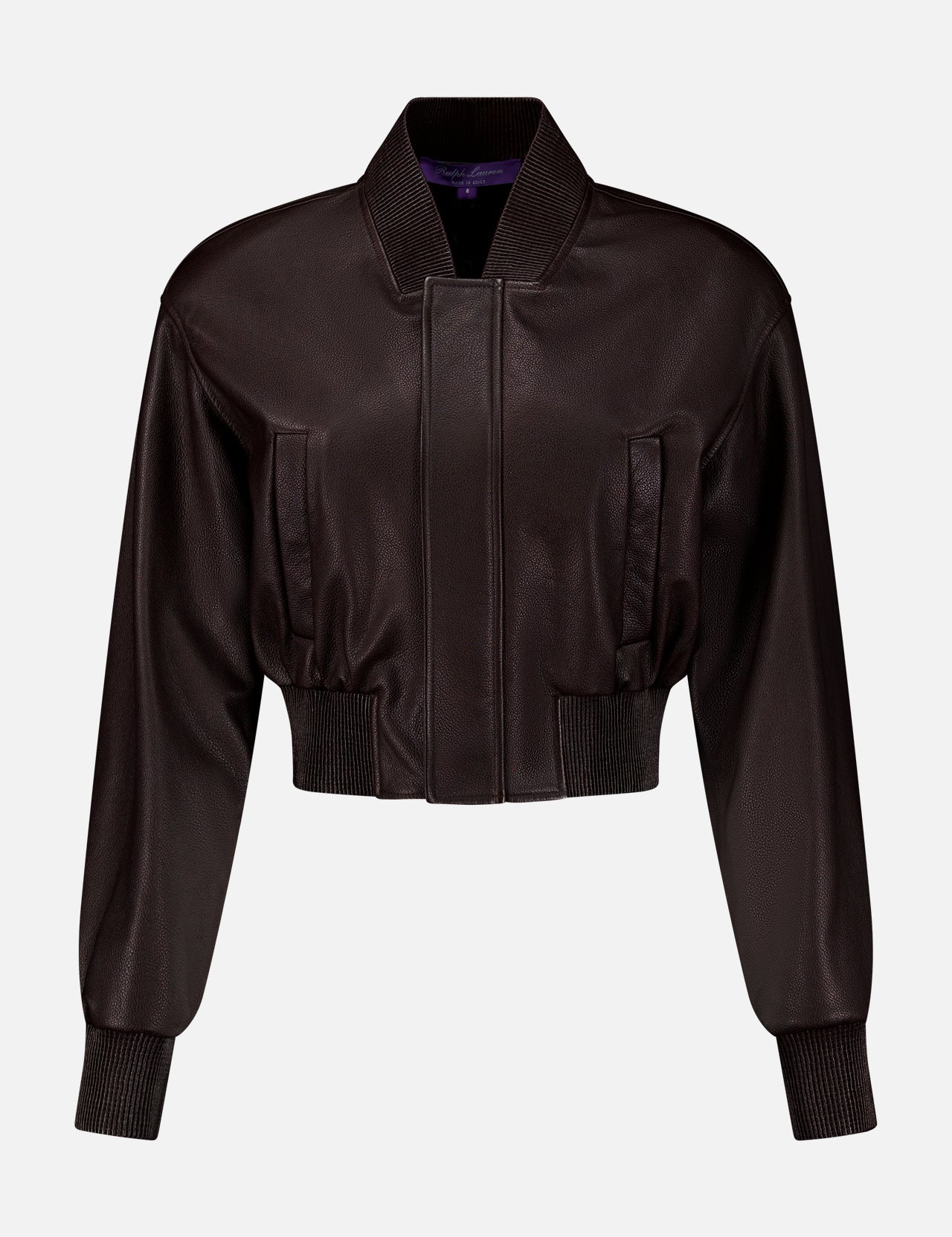 Ralph Lauren Collection Grained Leather Bomber Jacket in dark brown lamb leather with a ribbed collar, cuffs, and hem.
