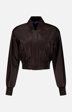 Ralph Lauren Collection Grained Leather Bomber Jacket in dark brown lamb leather with a ribbed collar, cuffs, and hem.