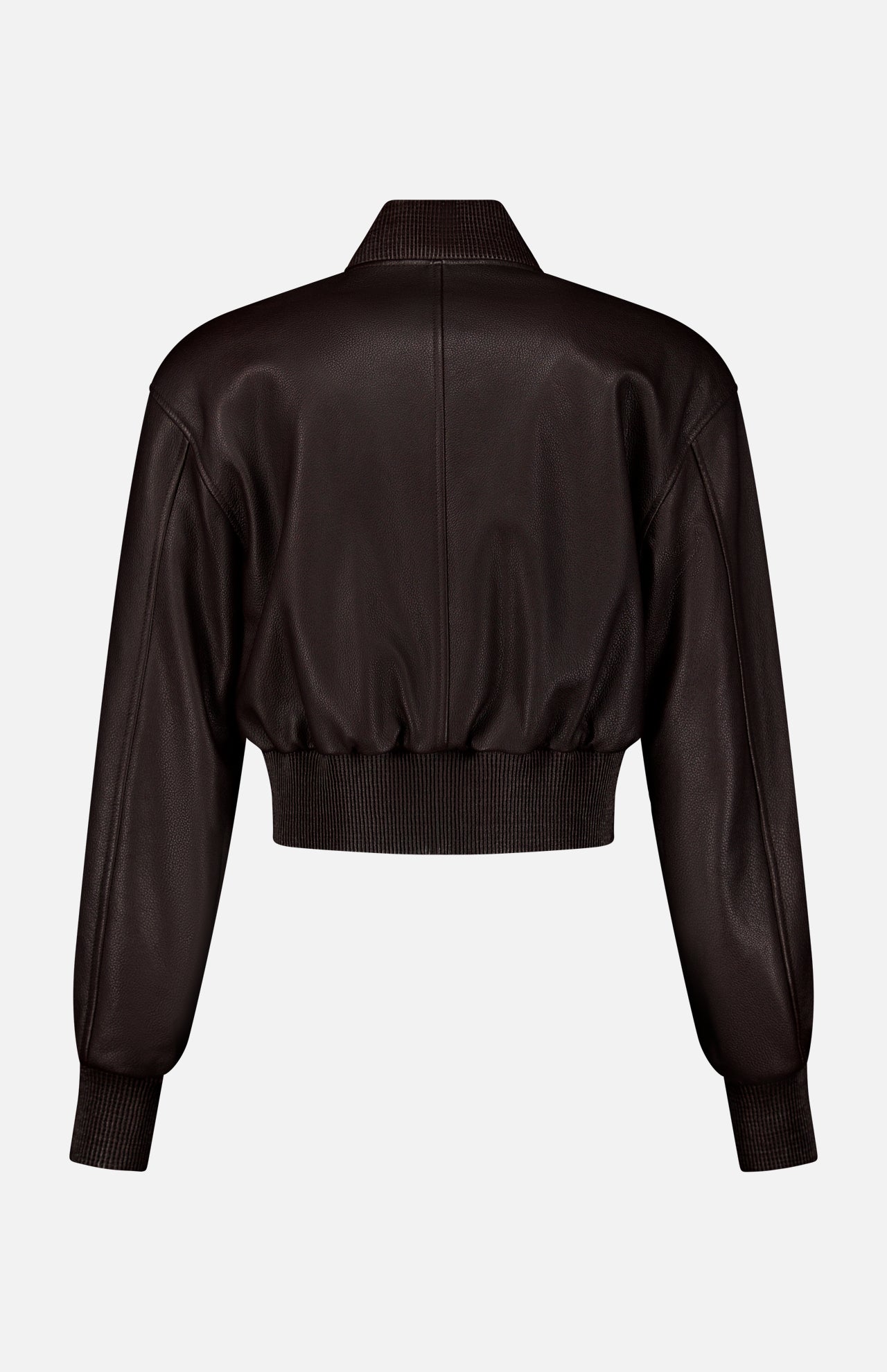 Back view of a dark brown Ralph Lauren Collection Grained Leather Bomber Jacket featuring a ribbed collar, cuffs, and hem.