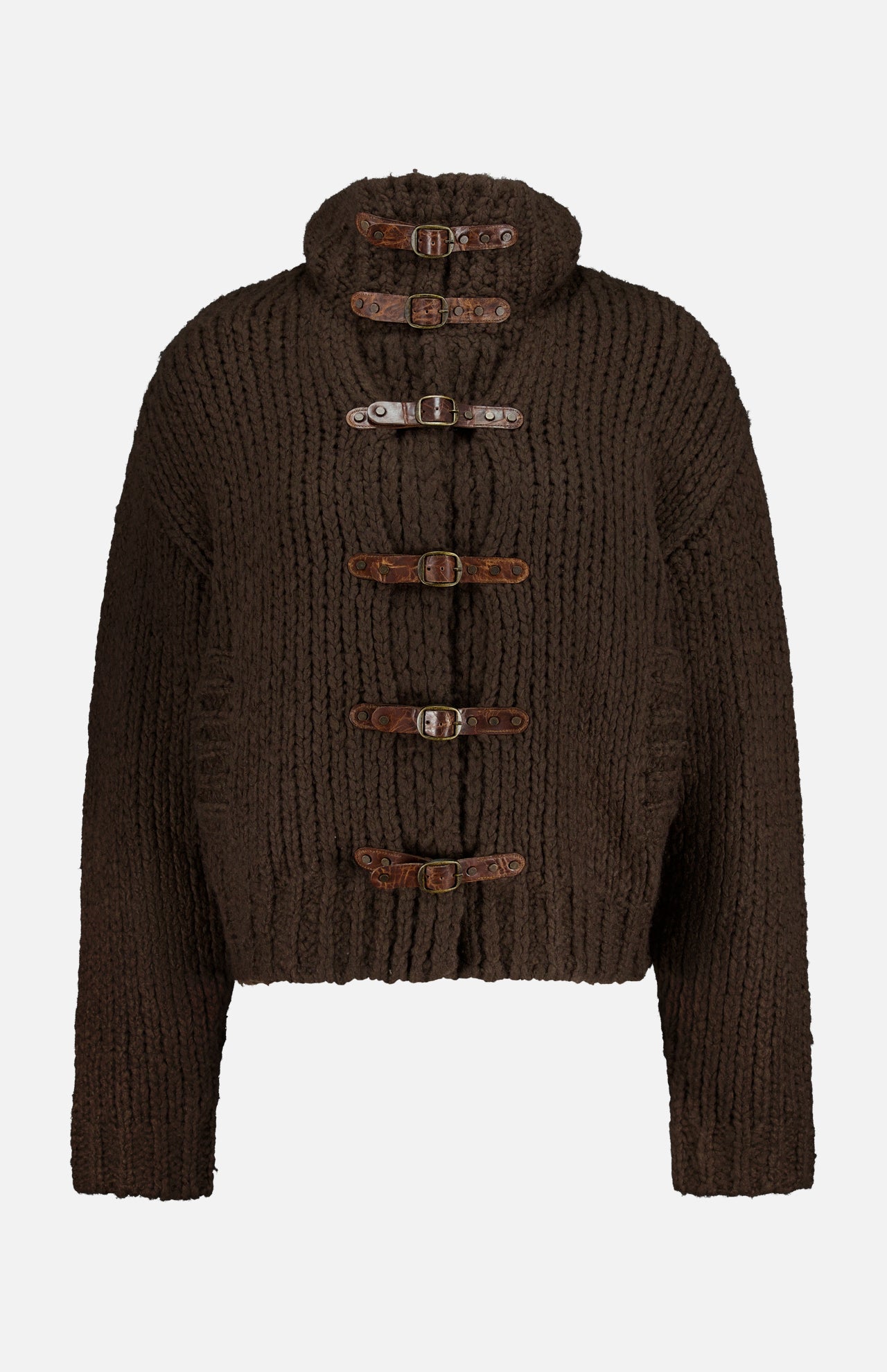 Dark brown chunky-knit Grand Cashmere Cardigan Sweater with a funnel neck and four buckled leather strap closures.