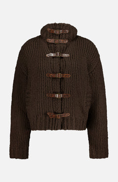 Dark brown chunky-knit Grand Cashmere Cardigan Sweater with a funnel neck and four buckled leather strap closures.