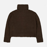 Back view of a brown, chunky-knit Grand Cashmere Cardigan Sweater with a funnel neck and a cropped hem.