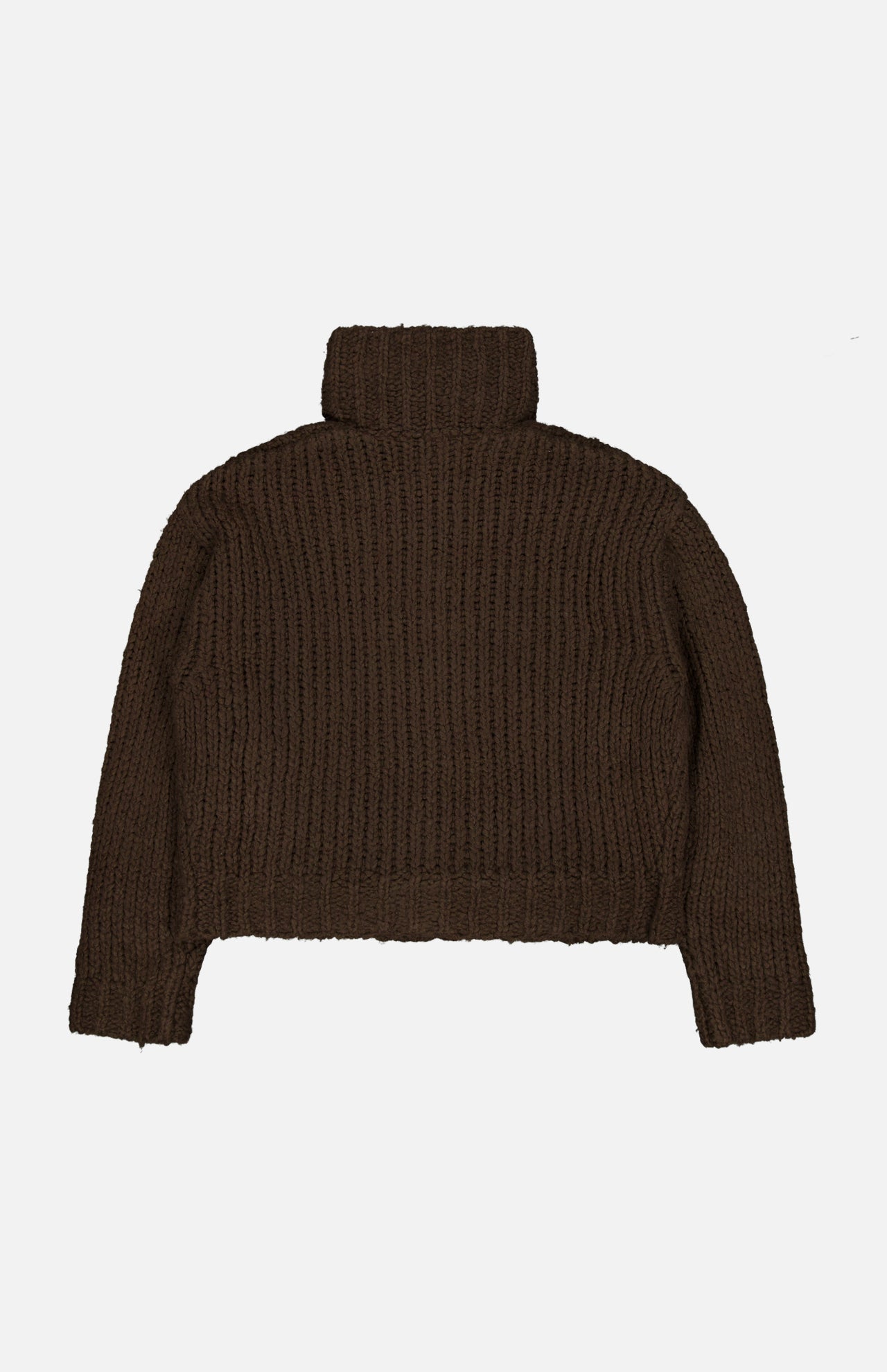 Back view of a brown, chunky-knit Grand Cashmere Cardigan Sweater with a funnel neck and a cropped hem.