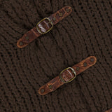 Dark brown RALPH LAUREN COLLECTION Grand Cashmere Cardigan Sweater with a funnel neck secured by three vertical leather buckled straps.