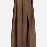 The Greer Full Length Pleated Pant by RALPH LAUREN COLLECTION features a high waist, wide leg, front zipper and button closure, and pleats. Shown in brown against a white background.