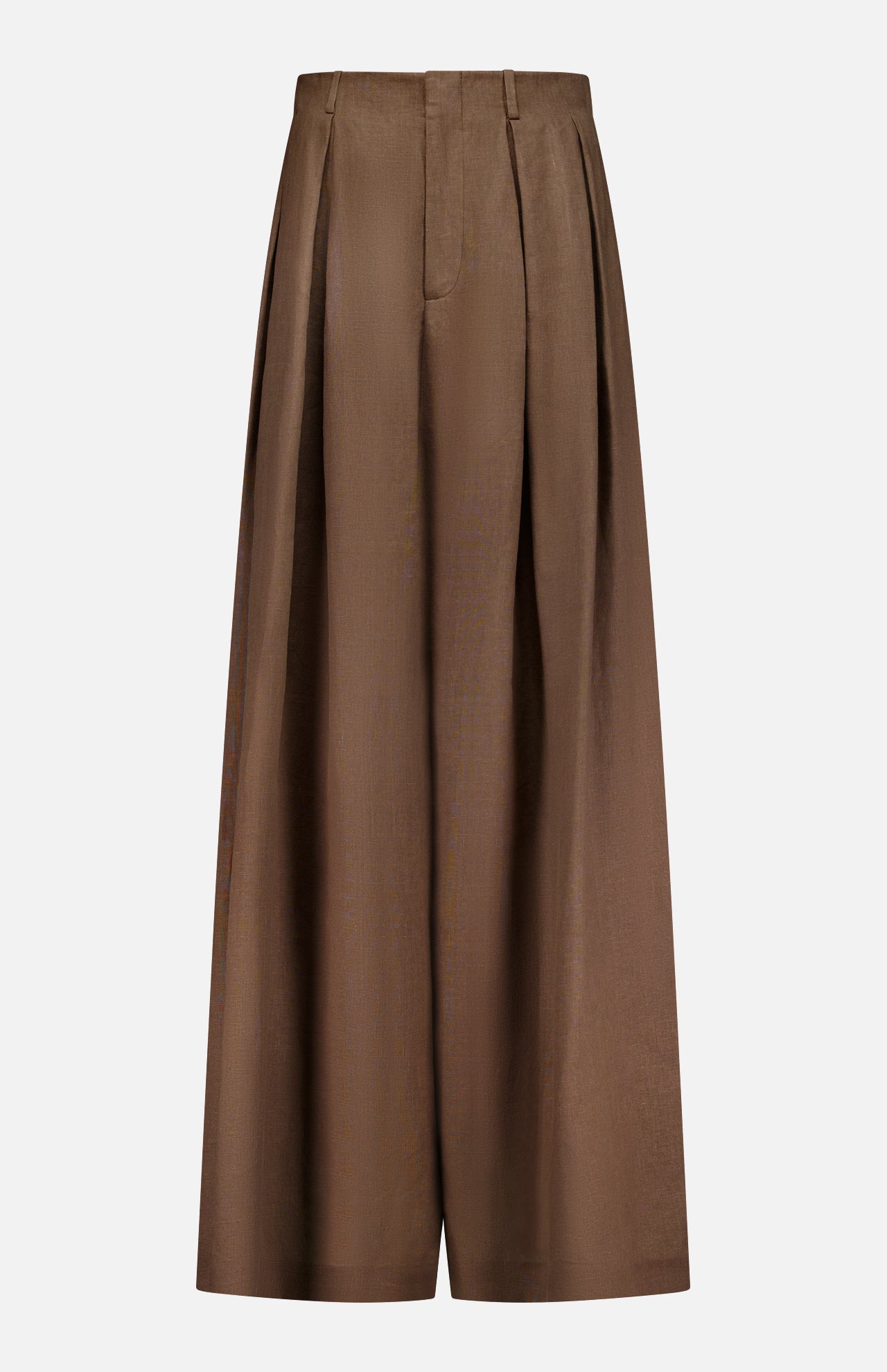 The Greer Full Length Pleated Pant by RALPH LAUREN COLLECTION features a high waist, wide leg, front zipper and button closure, and pleats. Shown in brown against a white background.