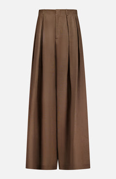 The Greer Full Length Pleated Pant by RALPH LAUREN COLLECTION features a high waist, wide leg, front zipper and button closure, and pleats. Shown in brown against a white background.