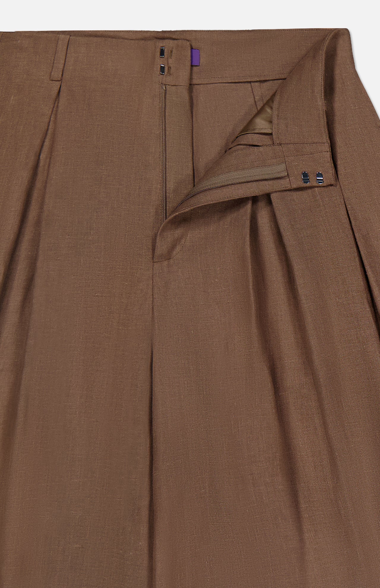 Close-up of the Greer Full Length Pleated Pant by RALPH LAUREN COLLECTION, featuring a textured brown fabric, high rise wide leg, and partially open waistband revealing zipper, clasp, and interior details.