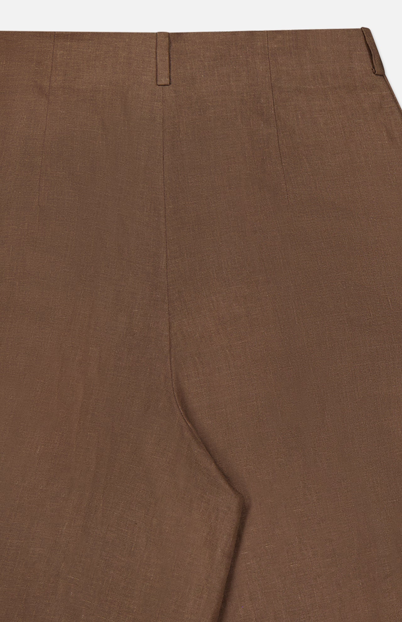Close-up of the Greer Full Length Pleated Pant by RALPH LAUREN COLLECTION, featuring a textured brown linen fabric, waistband with belt loops, clean front seam, and high-rise wide-leg silhouette.