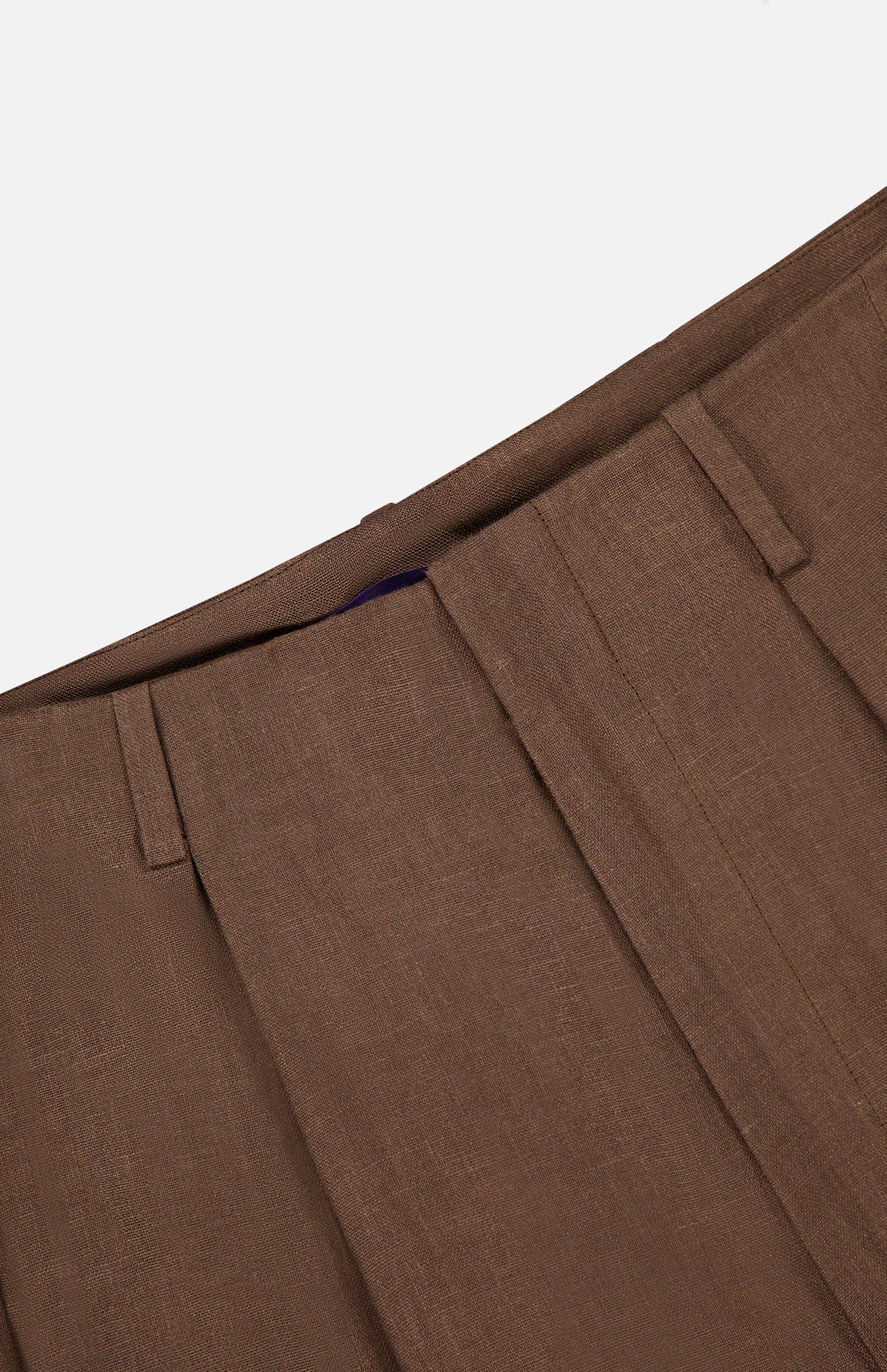 Close-up of the Greer Full Length Pleated Pant from RALPH LAUREN COLLECTION, highlighting the brown high-rise wide leg waistband with belt loops against a plain white background.