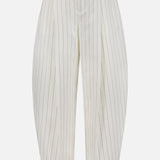 The Harlo Pleated Stripe Suit Pants by RALPH LAUREN COLLECTION feature a white cotton-blend, high-waisted carrot silhouette with black pinstripes, waist pleats, relaxed fit, and tapered legs, shown on a plain white background.