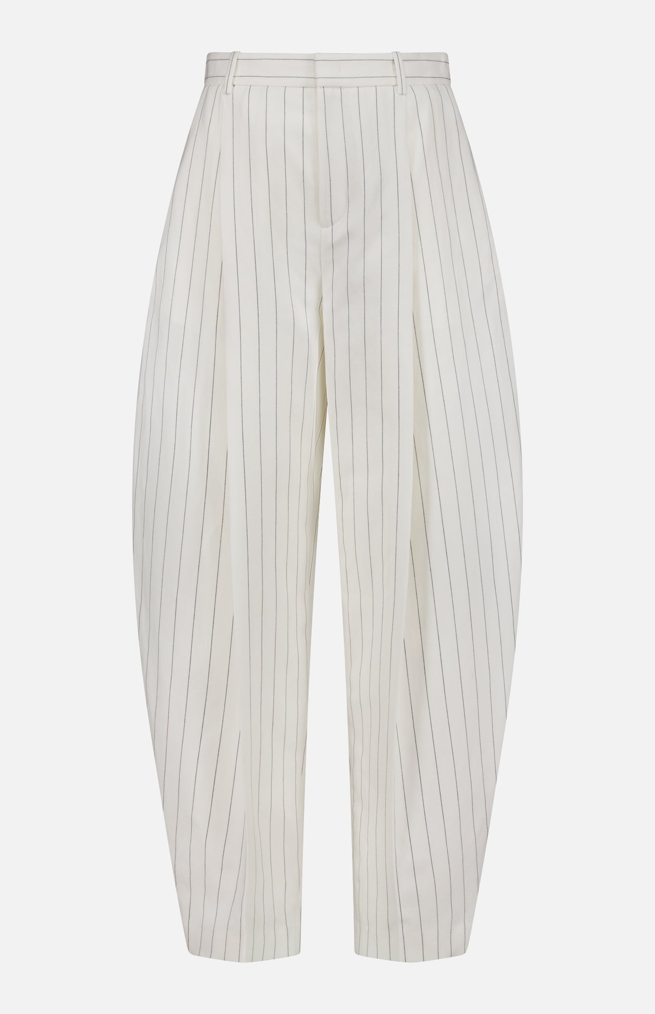 The Harlo Pleated Stripe Suit Pants by RALPH LAUREN COLLECTION feature a white cotton-blend, high-waisted carrot silhouette with black pinstripes, waist pleats, relaxed fit, and tapered legs, shown on a plain white background.